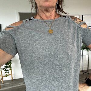 Women's tshirt, grey, size medium, shoulder cut out